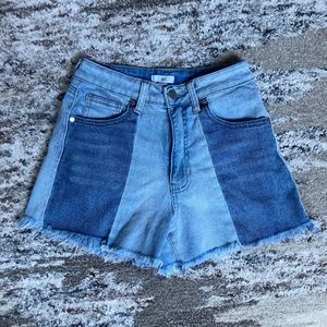 NWOT Denim Cutoff Shorts, Color Block w/ Washed Bleach & Indigo, Raw Edge